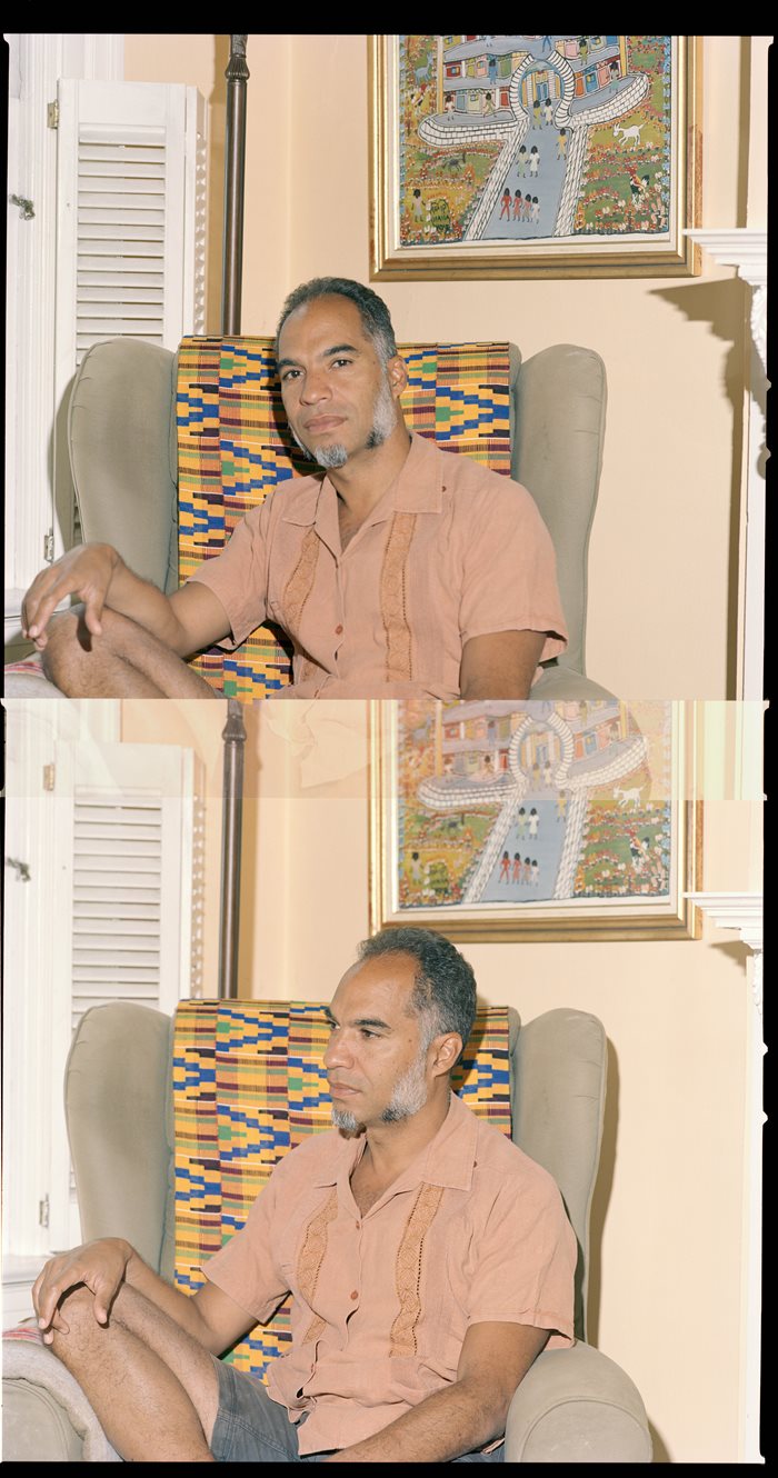 Two portraits of the same man who is sitting on a chair