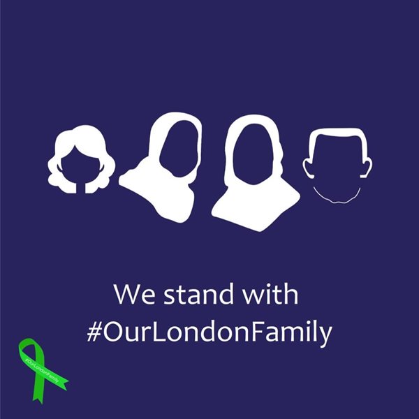 A graphic with four people, no facial features, only silhouettes. They are meant to represent the diversity within the Muslim community. There is a green ribbon at the end of this graphic.